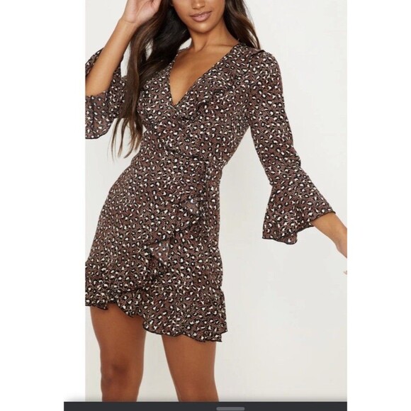 Pretty Little Thing Chocolate Brown Polka Dot Leopard Print Frill Wrap Tea Dress - Picture 1 of 5